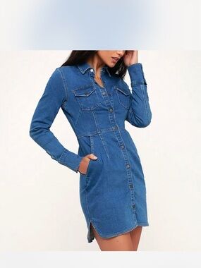 Free People Blue Denim Long-Sleeve Button Dress